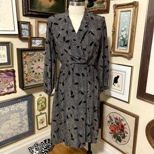 80s Vintage Christian Aujard Black Blue Cream 100% Silk Long Sleeve Midi Dress